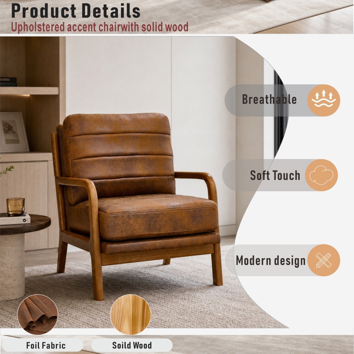 Mid-Century Modern Brown Arm Chair Foil Fabric Wood Armchair