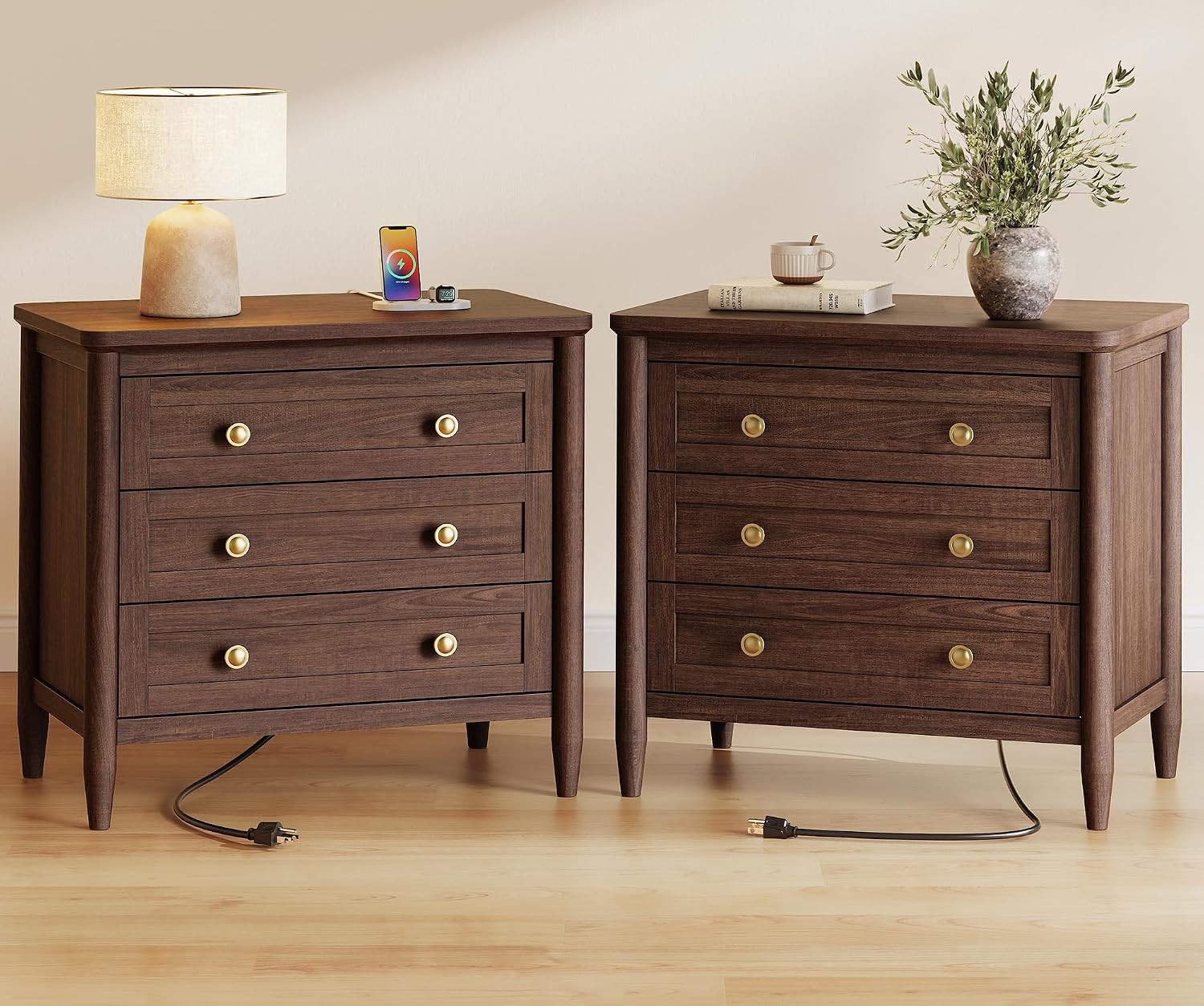 27”H Tall Nightstands Set of 2, Hidden Charging Station | 27.6″ W Farmhouse Nig