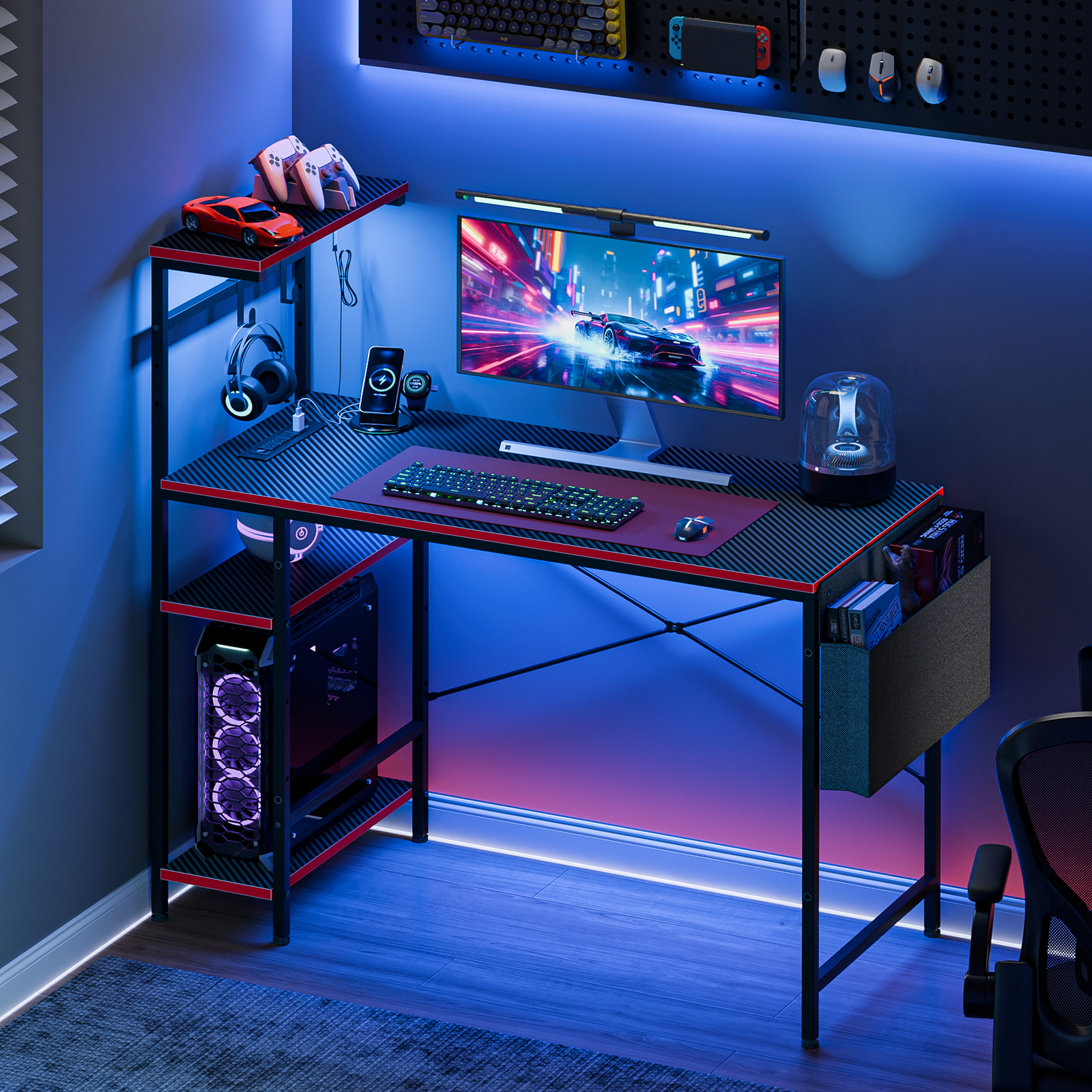 44-Inch Seamless Gaming Desk with Built-In Outlets and Vibrant LED Lights