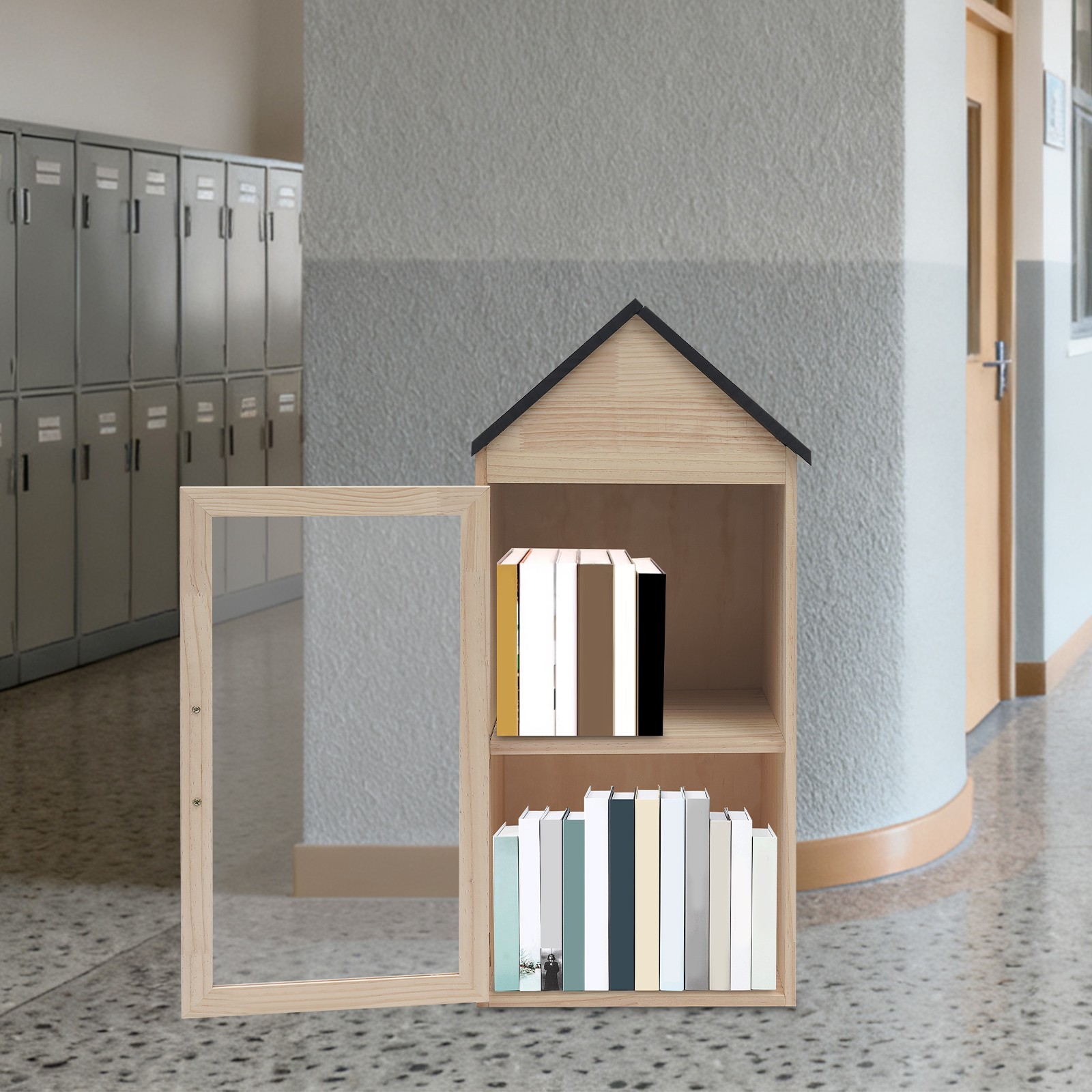 2-Tier Books Storage Box Little Library Cabinet Newspapers Organizer for Schools