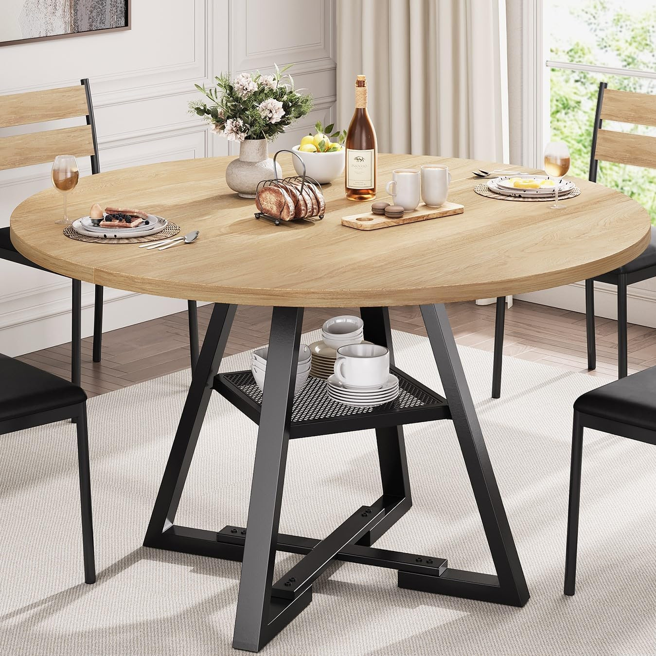 47″ Round Dining Table Grey Circle Kitchen Wood Dining Room Storage Pedestal