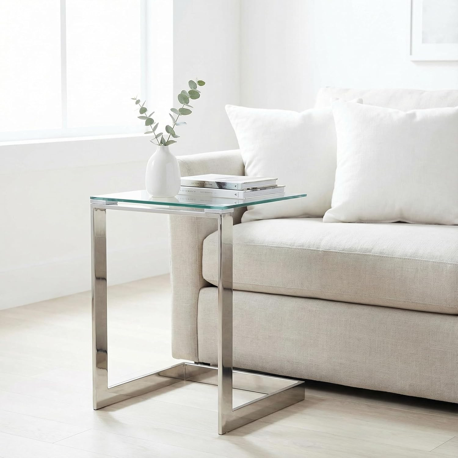 Zulu C Shape End Table, 22″ High, Silver Stainless Steel & Glass