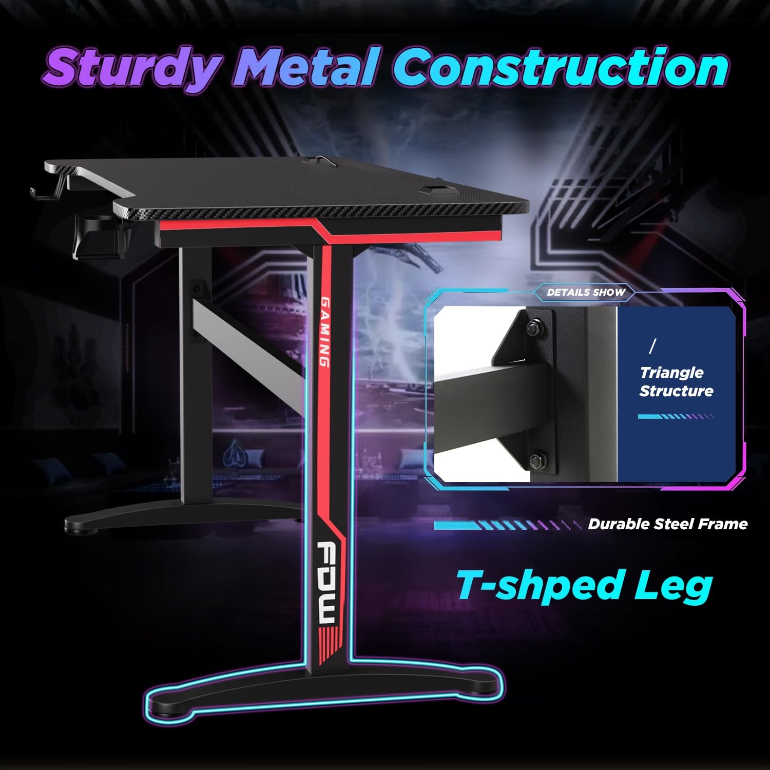 Gaming Desk Large Computer Workstation 47 Inch Black Metal & MDF Adult Teens
