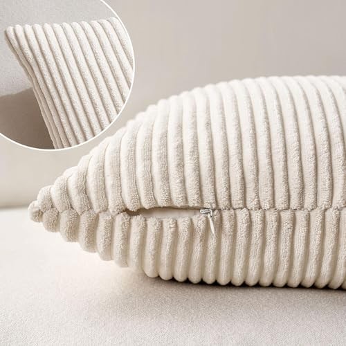 Decorative Corduroy Pillow Covers Soft Solid 18″ x 18″ (Pack of 2) Cream White