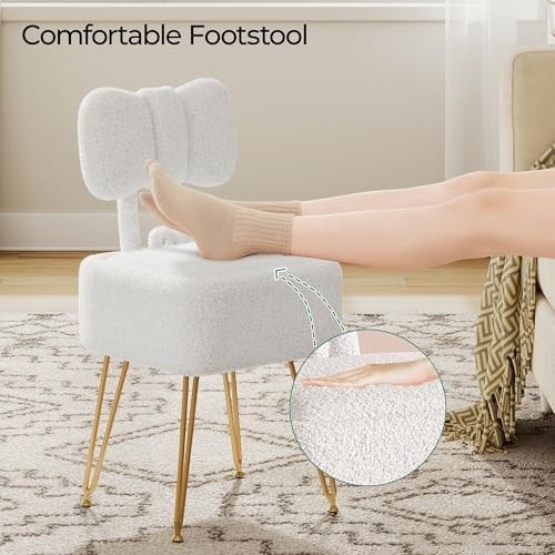 Small Vanity Chair with Storage, Folding Back, Teddy Fleece Ottoman, White