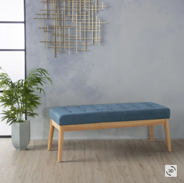 Ottoman Bench Tufted Upholstered Footrest Seat Stool Blue Fabric Polyester Birch