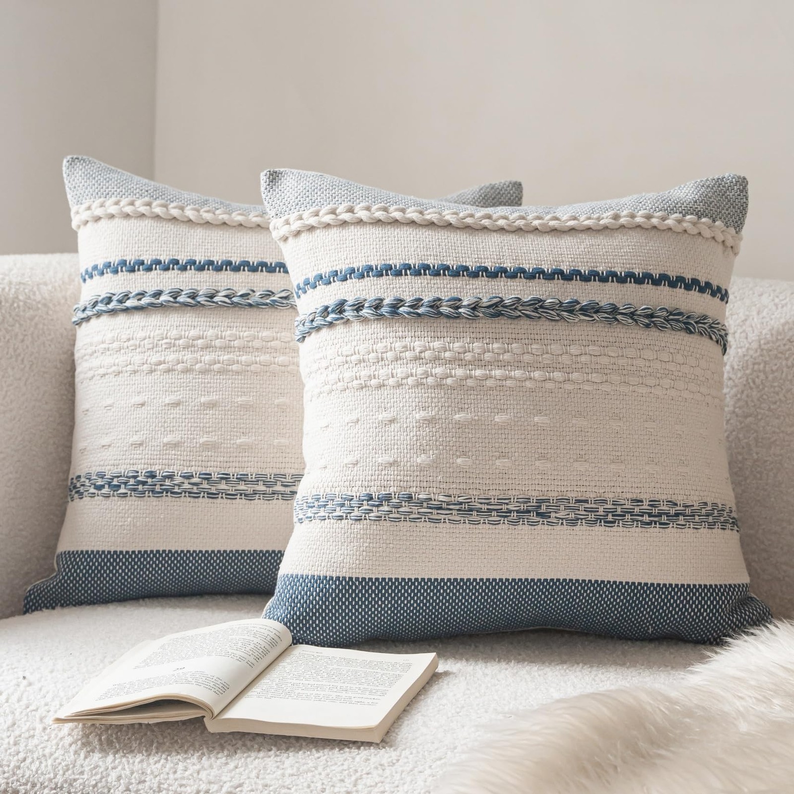 Cethom Boho Throw Pillow Covers 20×20 Inch Set of 2, Blue Textured Decorative Co