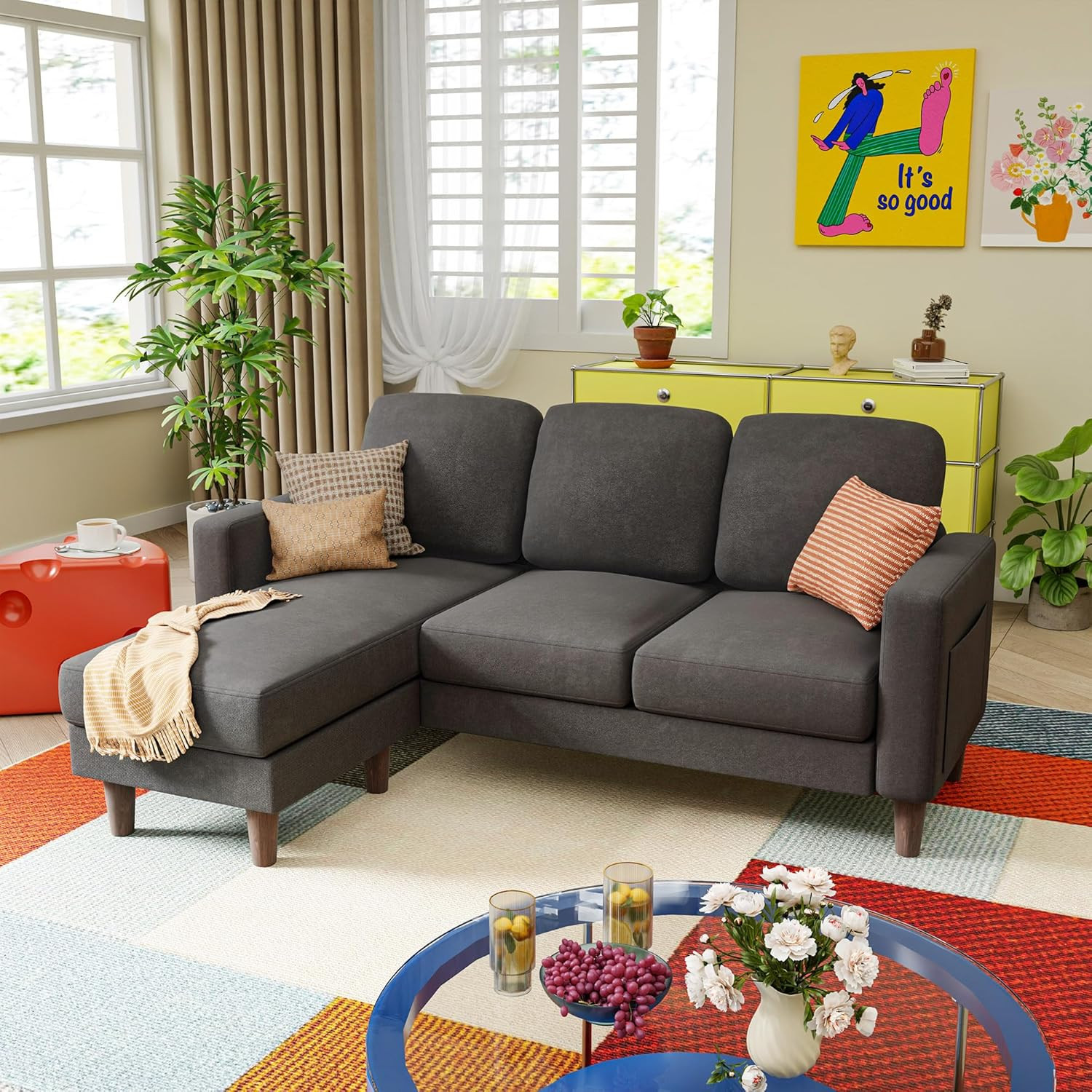 Compact Dark Grey L-Shaped Sofa with Movable Ottoman for Small Spaces