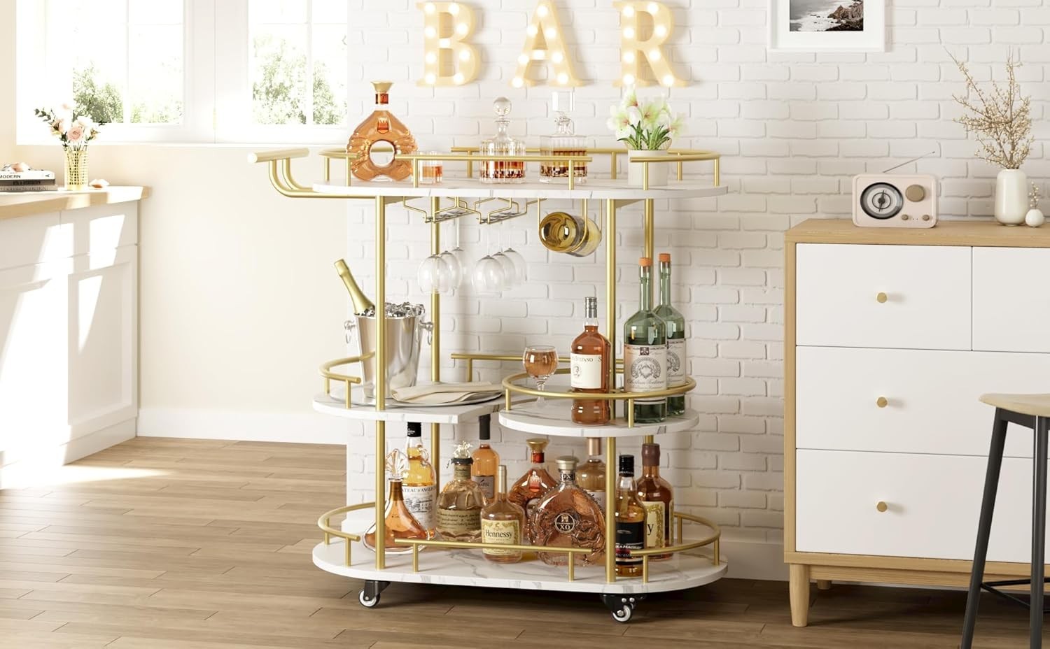 Gold Bar Cart with Wheels, 3-Tier Serving Cart for Kitchen & Living Room