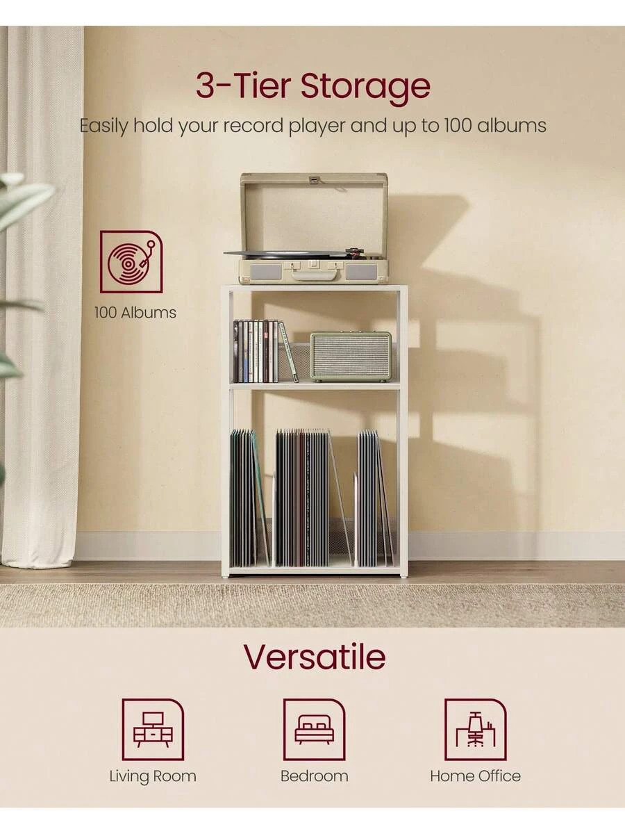 Record Player Stand, 3-Tier Side Table, Vinyl Record Storage Up To 100 Albums