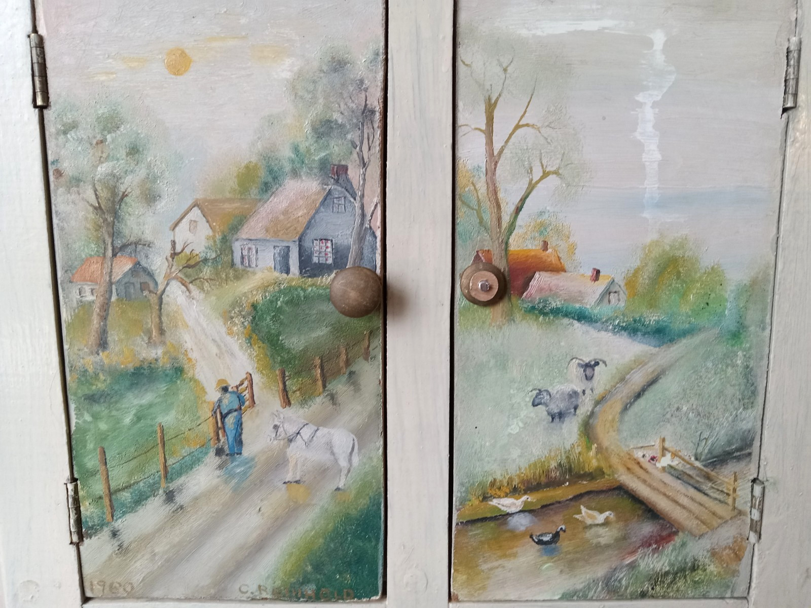 1960 C. Reinhold Hand-Painted Rustic Wood 21″ Corner Hanging Cabinet OOAK