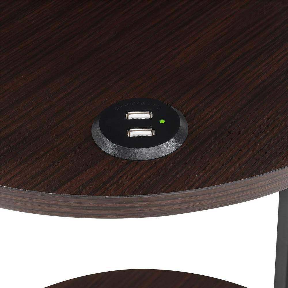 Designs2Go Simon 15.75 In. W Espresso round Wood 3 Tier End Table with USB Ports