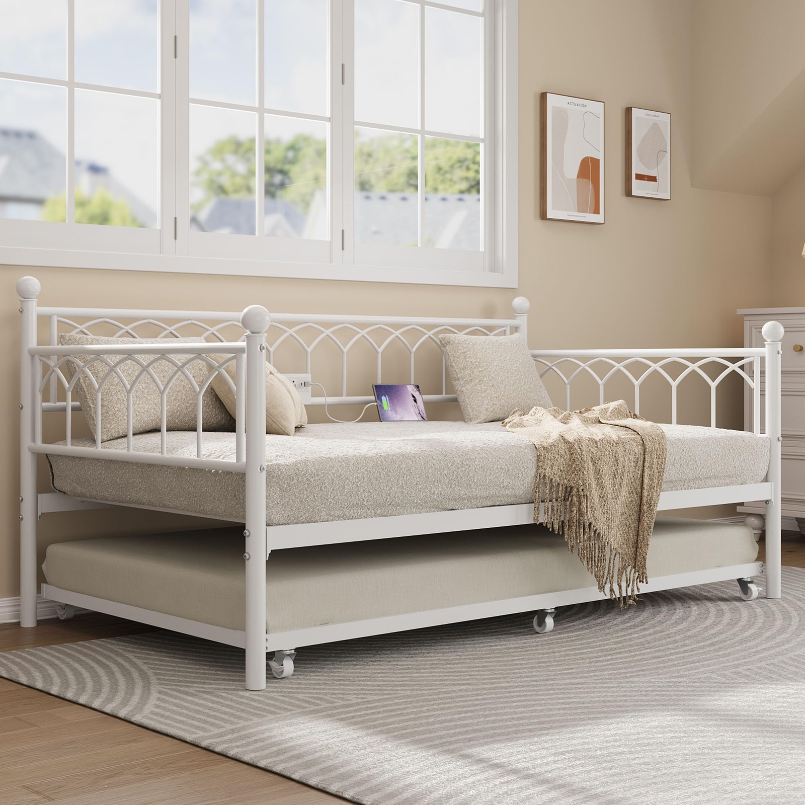 Metal Daybed w/Trundle Twin Size Day Bed Frame with Charging Station & LED Light