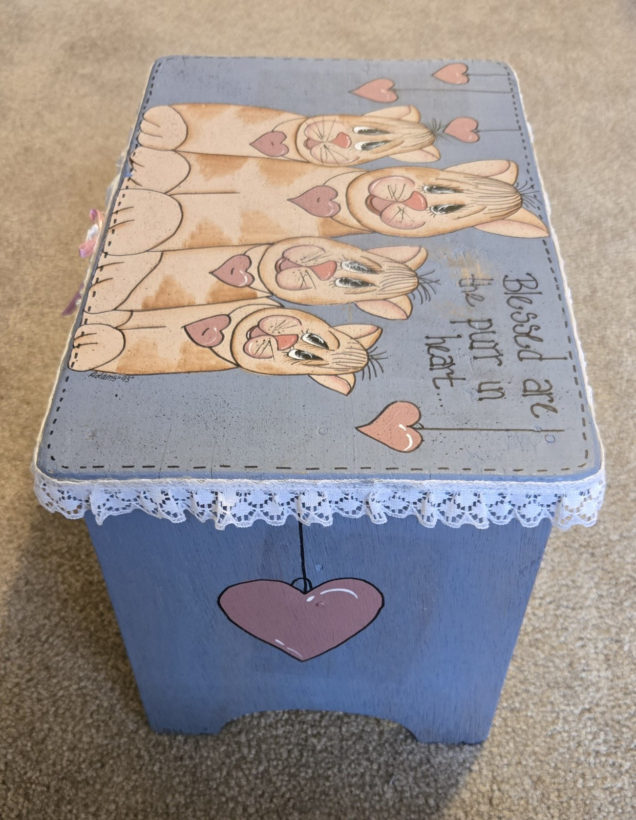 Vintage Painted Wood Bench w/Cats & Hearts “Blessed are the purr in heart…” 🩷