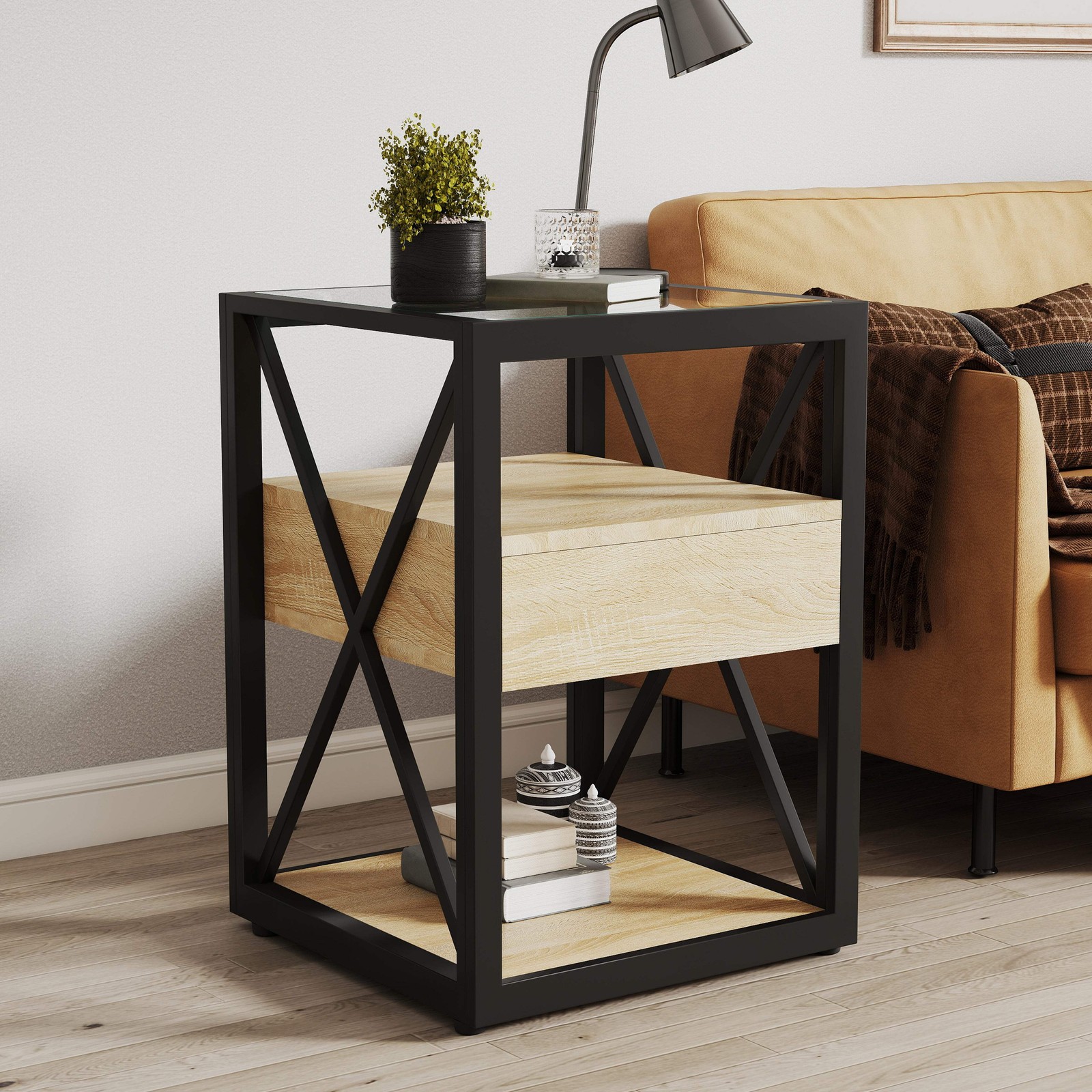 Natural Wood and Tempered Glass End Table with Drawer