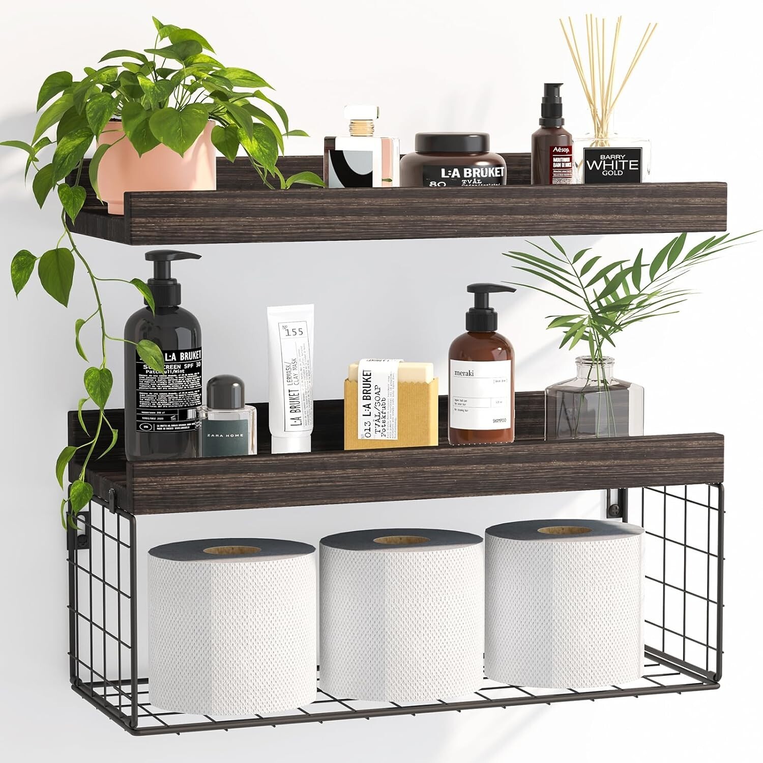 Fixwal 2+1 Tier Floating Bathroom Shelves w/ Basket, Rustic Over Toilet Storage