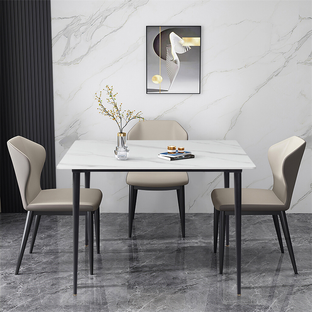 Square Home Marble Dining Table Compact w Sintered Stone Top Metal Legs Frame