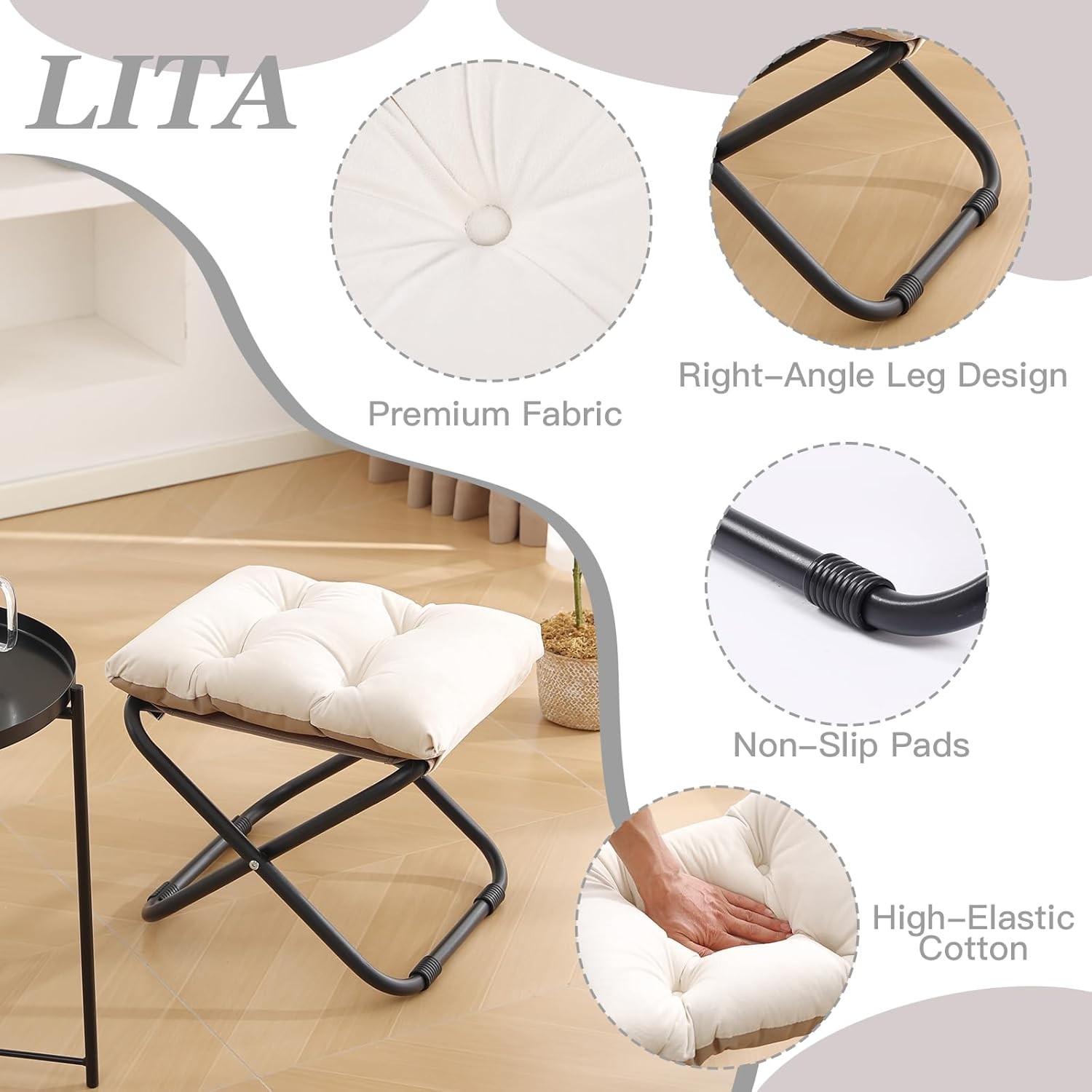 Beige Folding Upholstered Footrest Stool W/ Straight & Square Shape