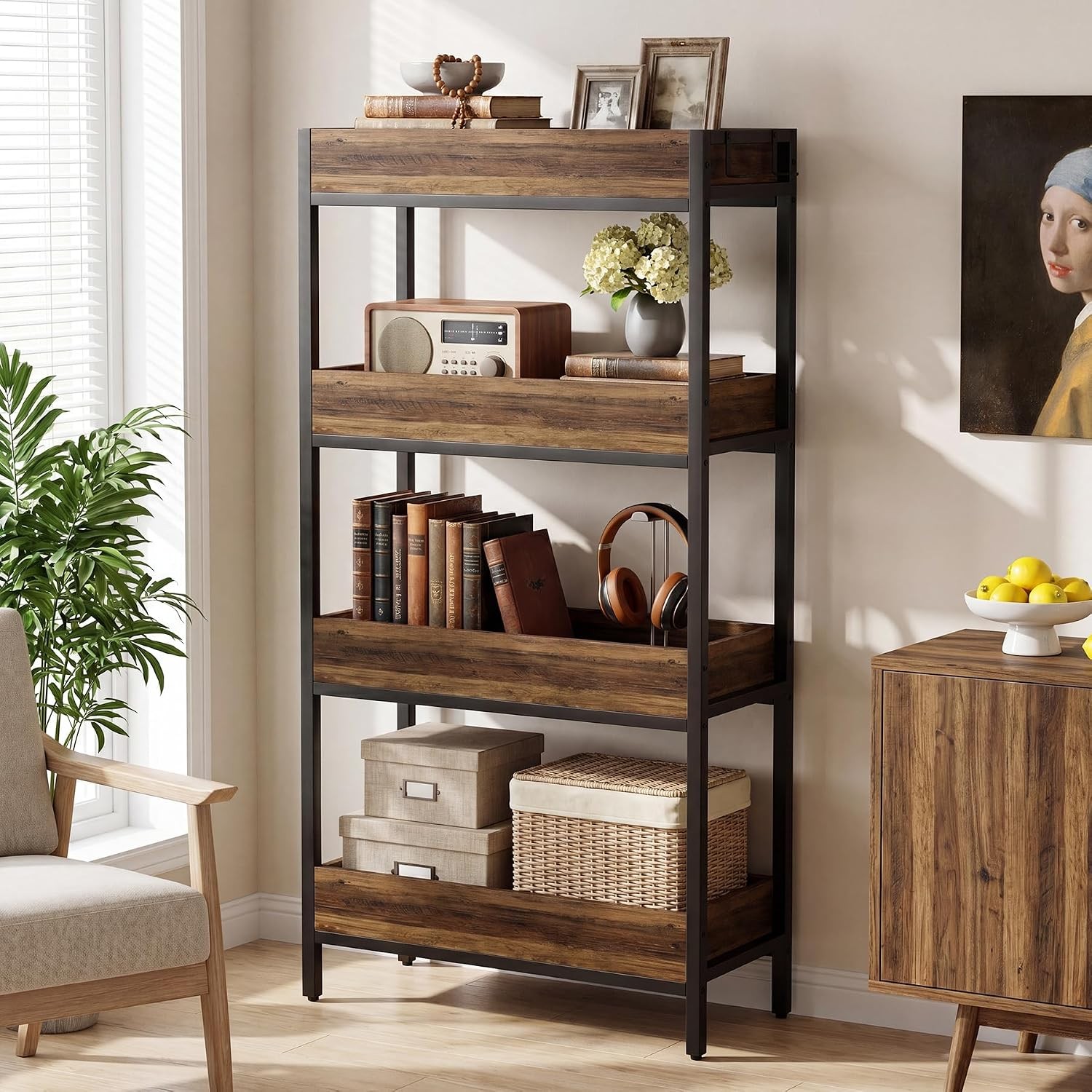 4 Tier Industrial Bookshelf, 55″ Tall Free-Standing Wooden Bookcase with 4 Hooks