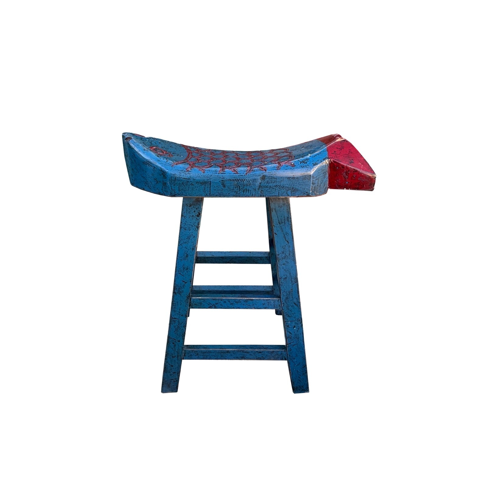 Sharp Blue Red Fish Shape Seat Top Wood Tall Bench Stool ws4486