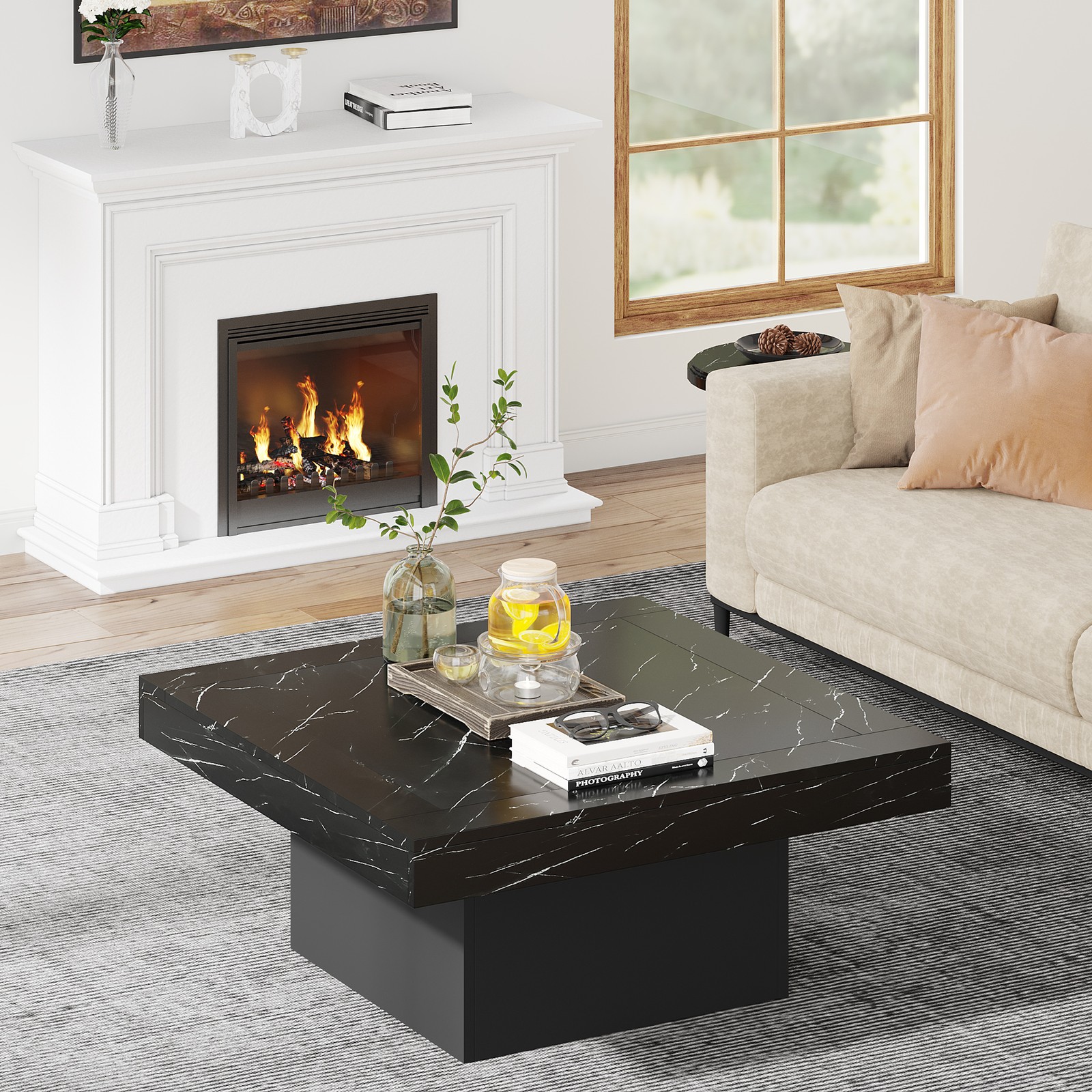 35″ Square Center Table Coffee Table with Led Light, Modern Wood Cocktail Table