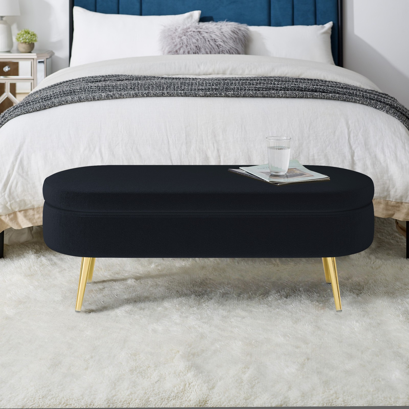 Flannel Ottoman Storage Bench, 43.5″x16″x16″, Black with Metal Legs