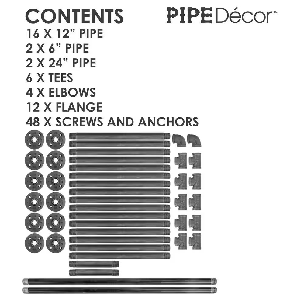 1/2 In. Black Steel Pipe 11.75 In. D X 72.5 In. H Floor Mounted 4-Tier Shelf Kit