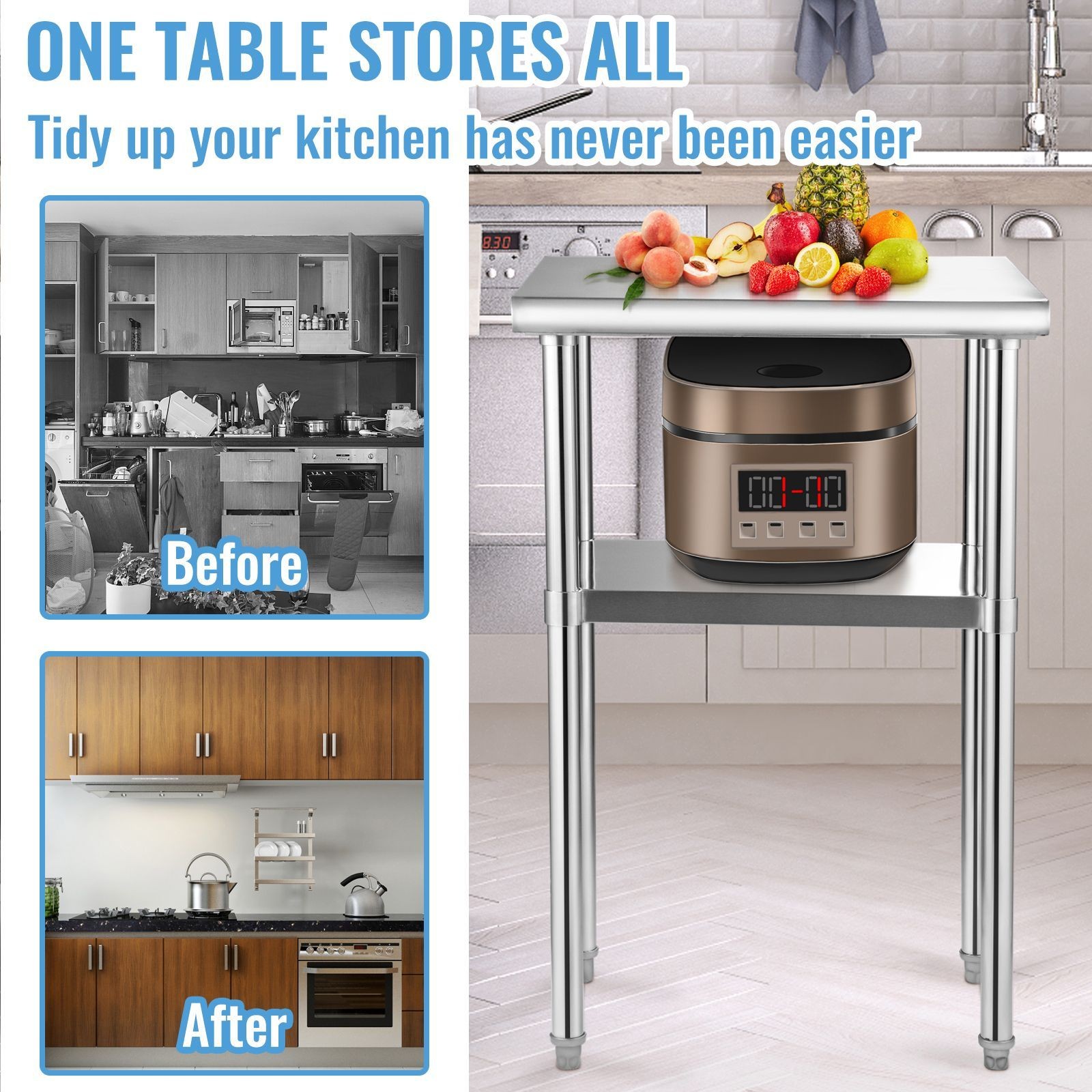 Stainless Steel Prep Table 24x18in, 600lbs Load, Adjustable Undershelf
