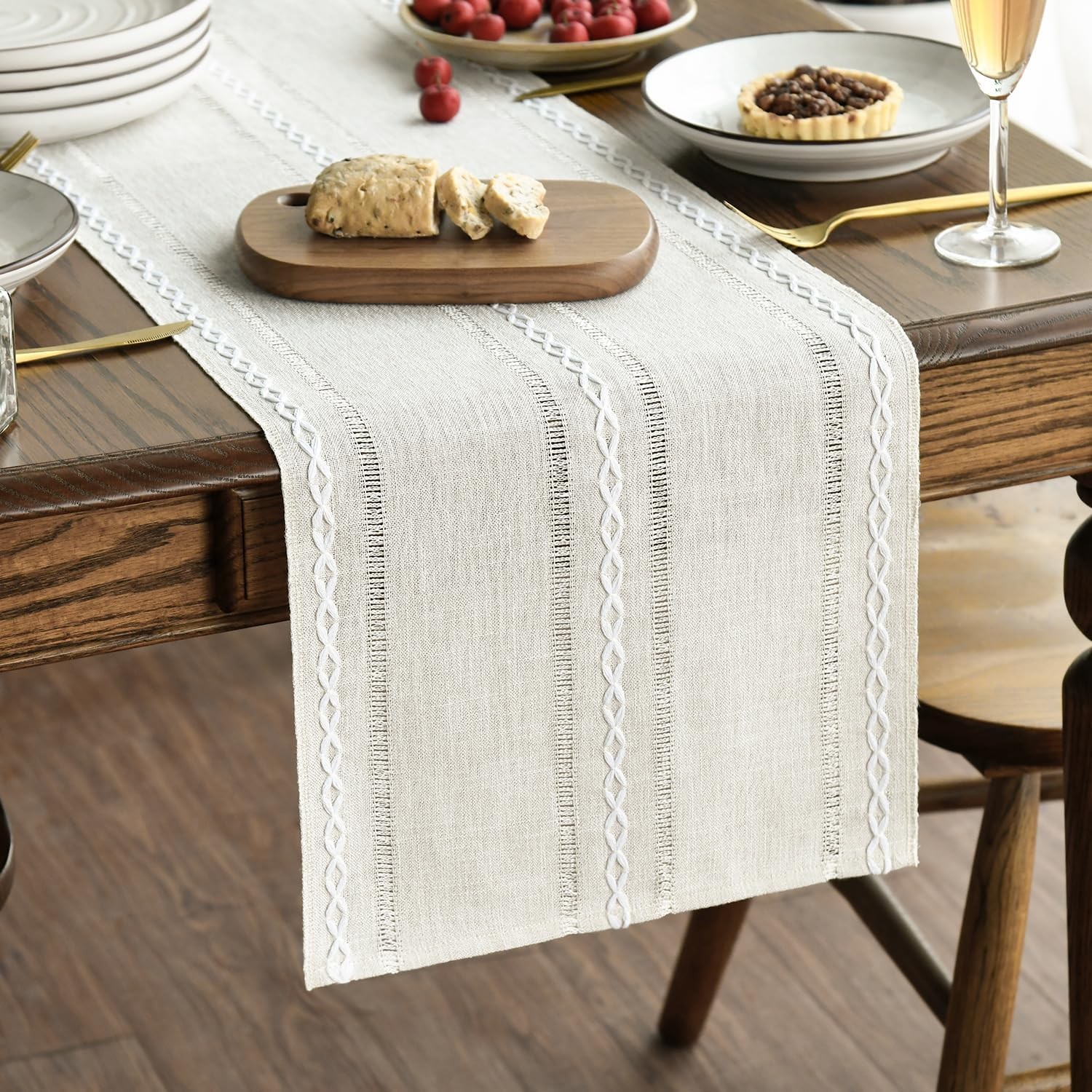 Artoid Mode Rustic Table Runner 13×72 Beige Cotton Linen Embroidered Dining Deco