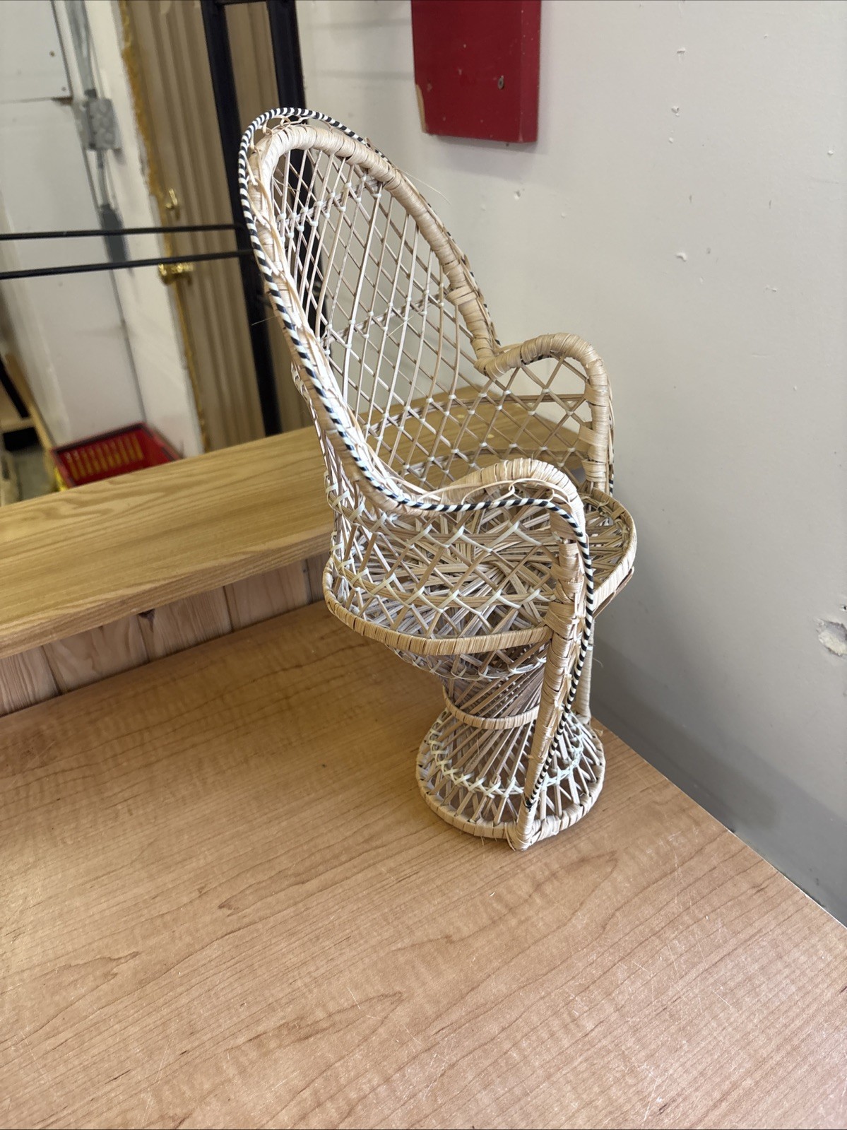 Wicker Chair Fan Back Rattan Doll Plant Stand Small Boho Brown Tan Peacock 16″