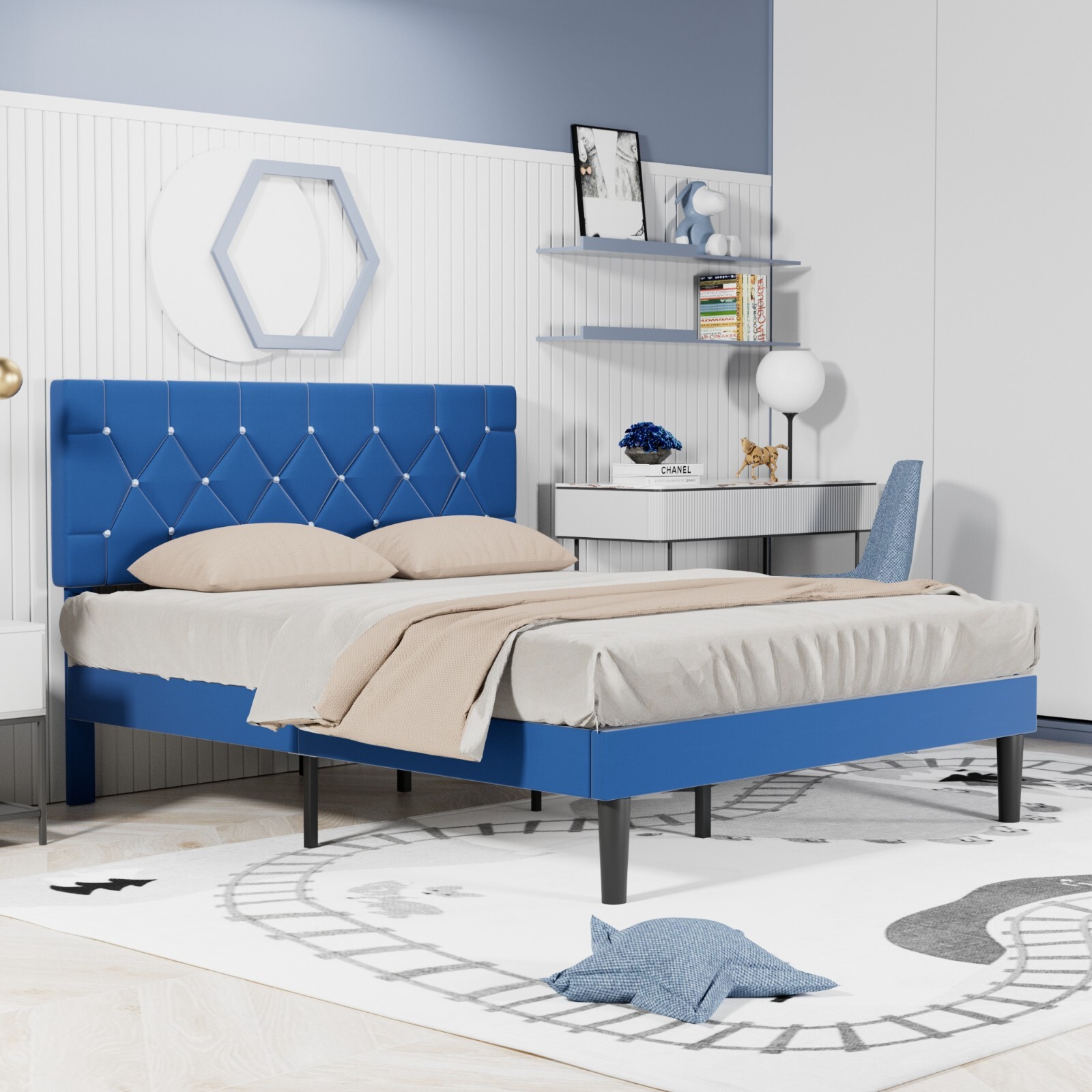 Twin Full Queen Bed Frame Adjustable Diamond Upholstered Headboard Noise Free