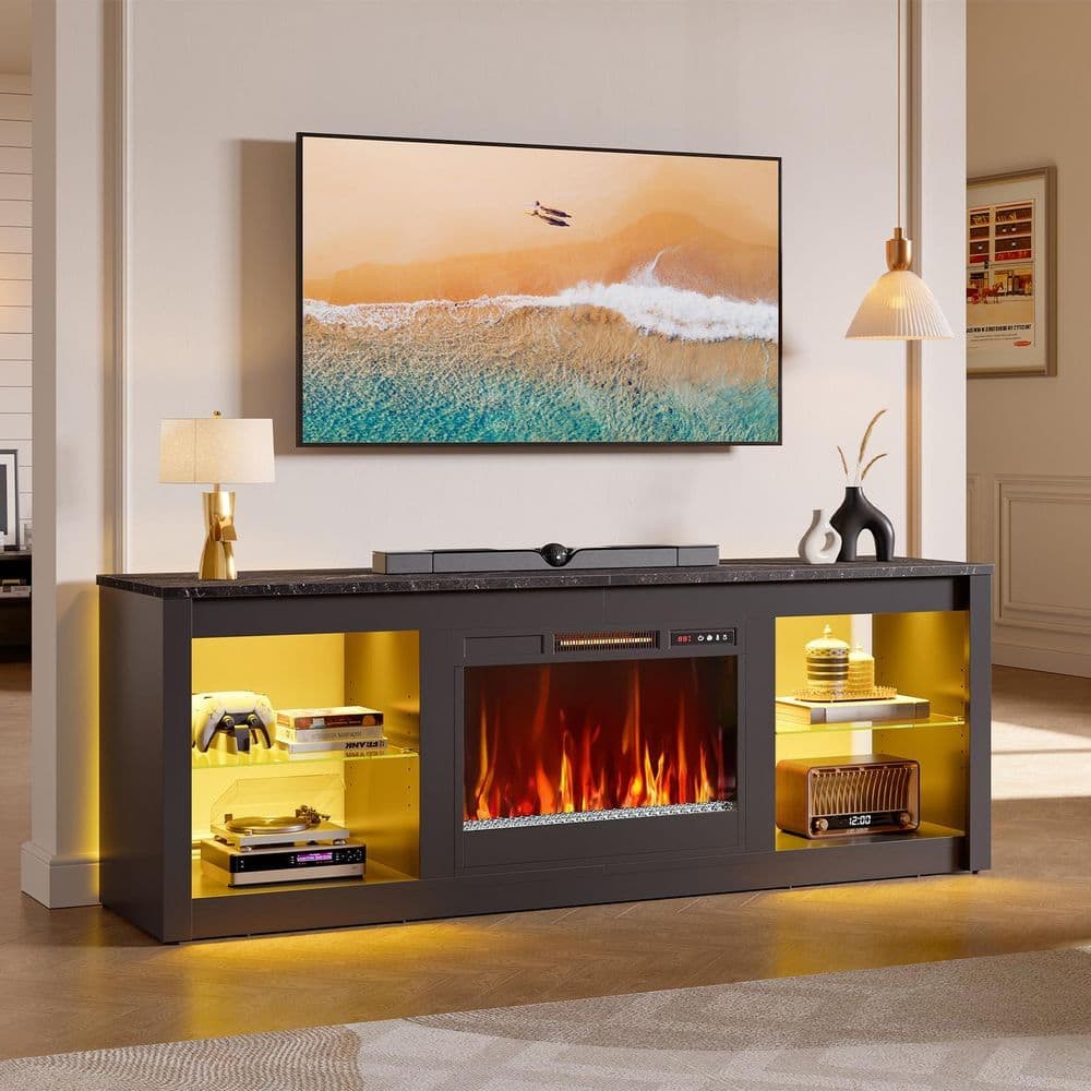 Bestier 70.8 in Black TV Stand w/ Electric Fireplace Fits TV up to 75 in
