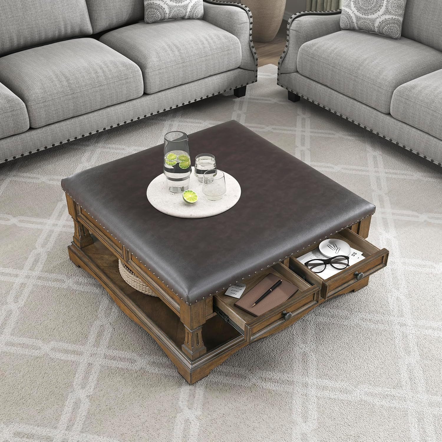 39″ Square Storage Ottoman Coffee Table, Faux Leather, Brown | Cocktail Ottoman