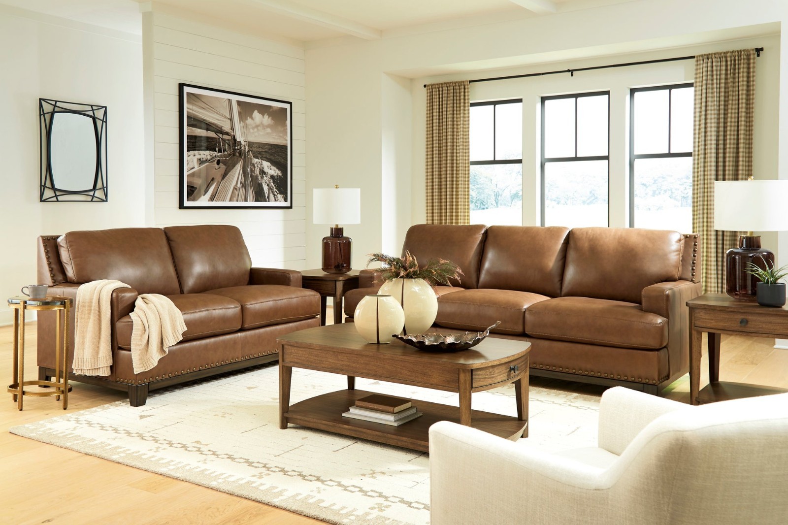 GENUINE Leather 2PC Sofa Loveseat Amber Brown Traditional Rustic Living Room Set