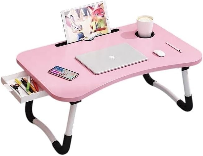 Foldable Laptop Table With Drawer – MDF Wood Desk With Cup Holder, Tablet Slot