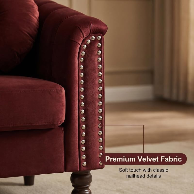 Velvet Loveseat Tufted Back Nailhead Trim Vintage Sofa 2 Round Pillows Burgundy