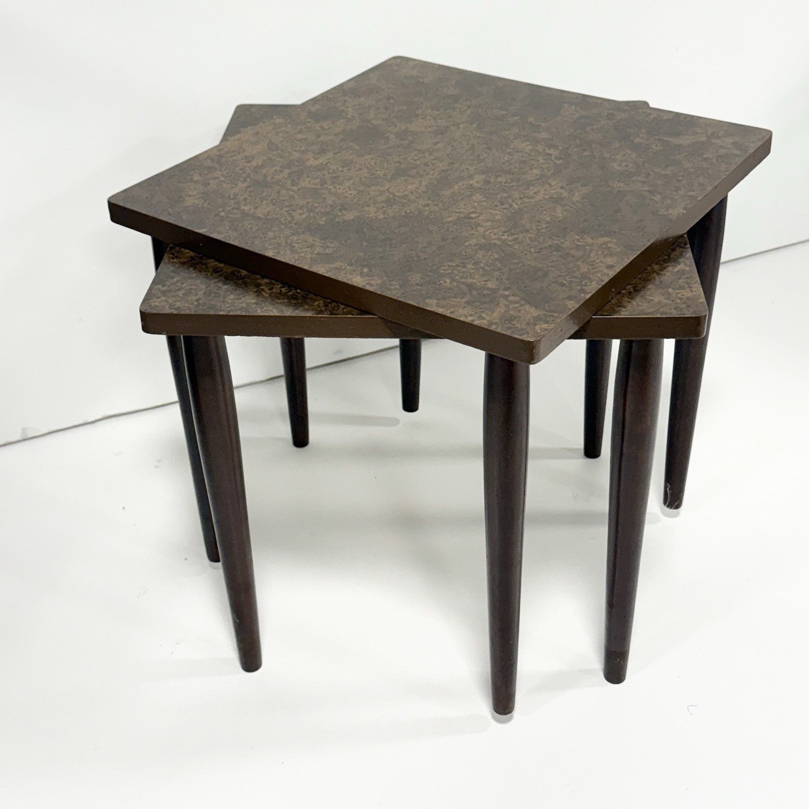Vintage MCM Burl Wood Nesting Tables Mid Century Modern Laminate Square Set Of 2