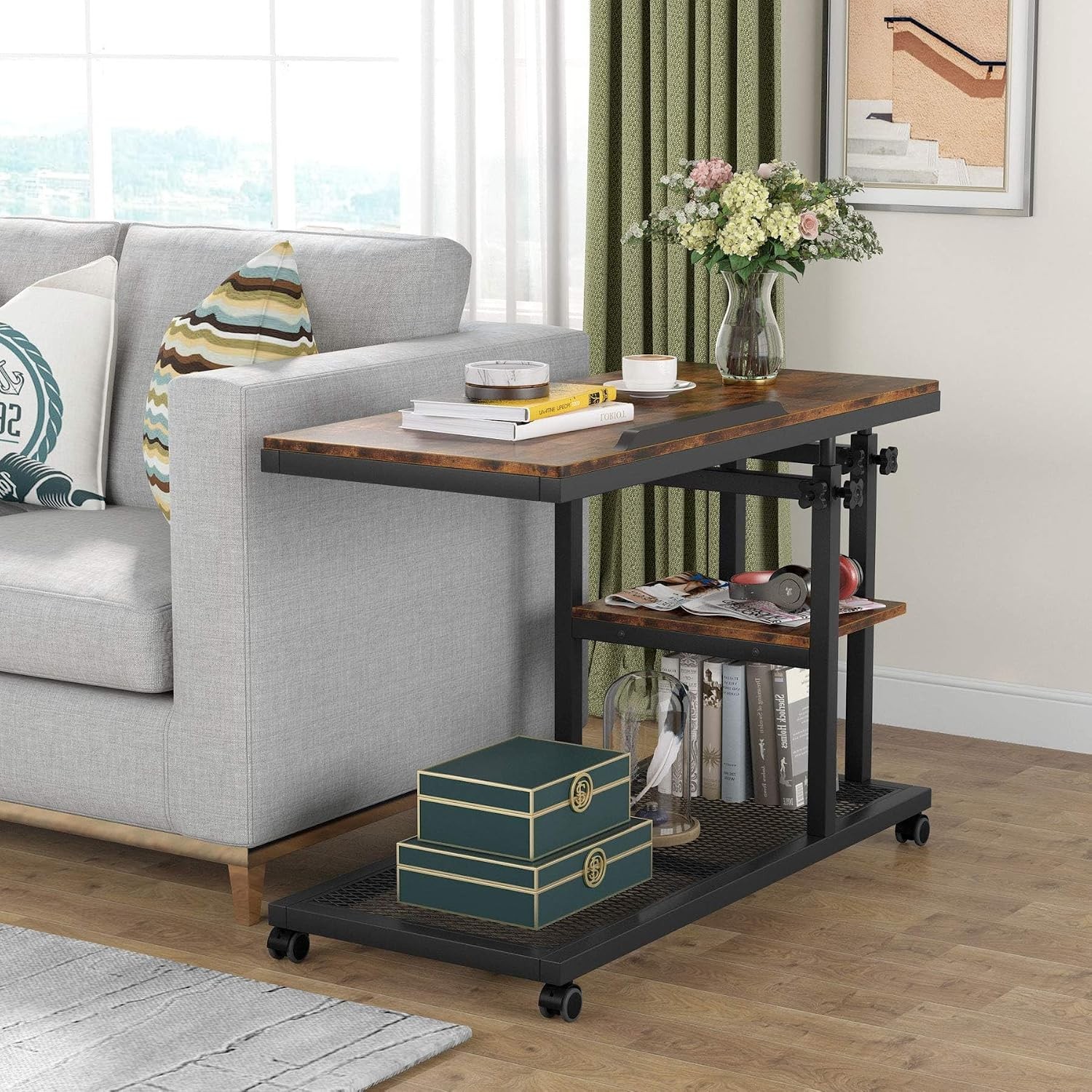 Tribesigns Height Adjustable C Table with Wheels, Mobile Couch Snack Side Table