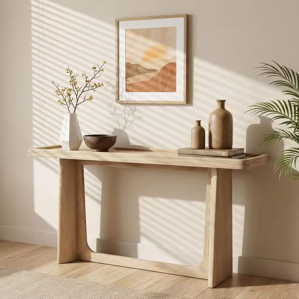 Natural 58 In. Farmhouse Rectangle Solid Wood Console Table with Tray-Top Design