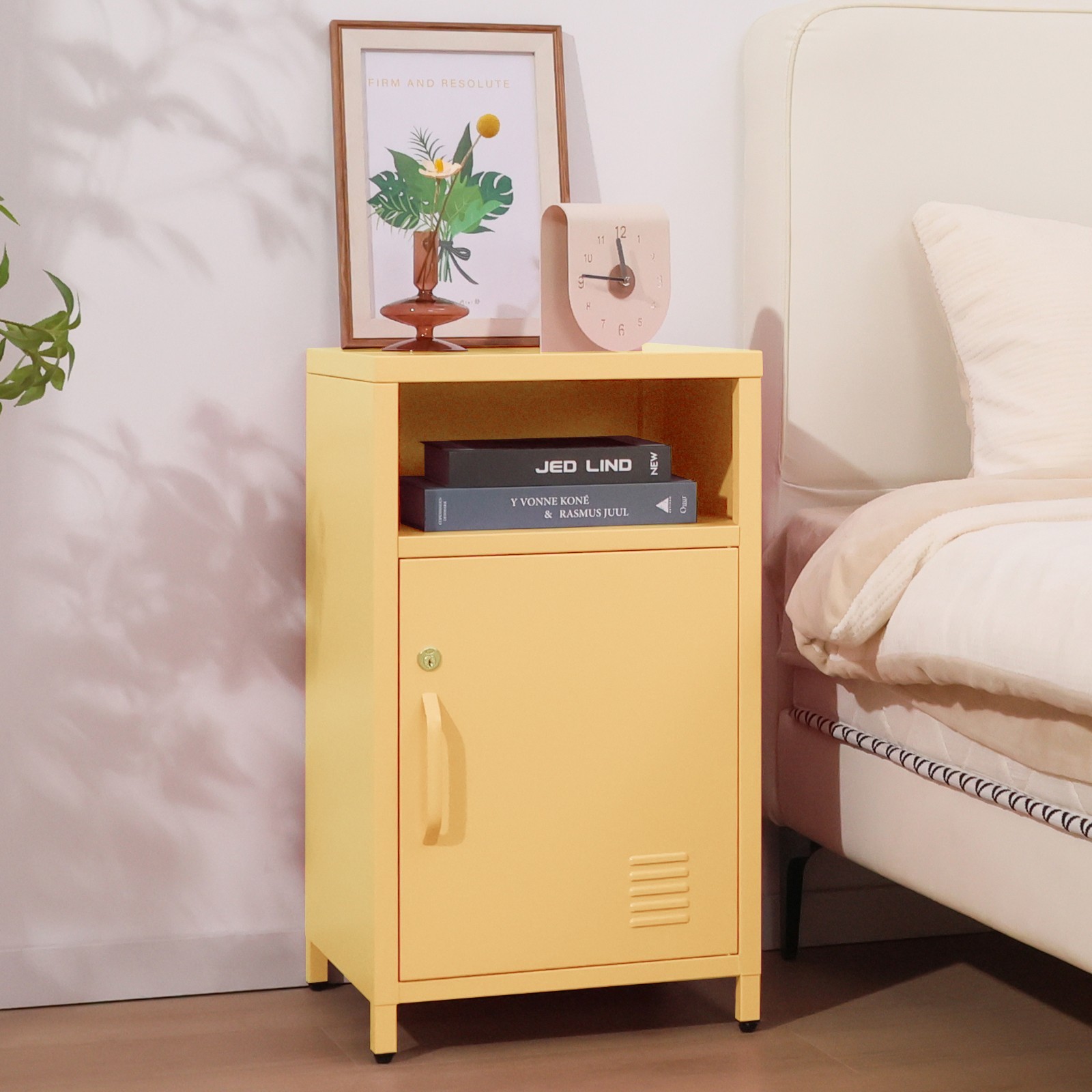 Lockable Metal Bedside Cabinet Solid Door Storage Nightstand Small Safe Locker