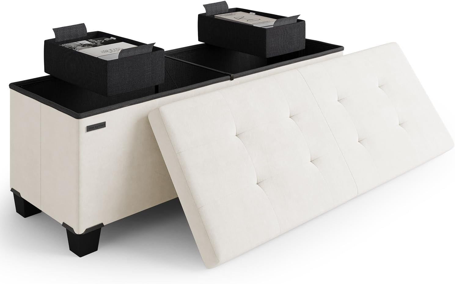 Beige Storage Ottoman Bench with Bins – 43″ Folding Foot Rest, Max 660lbs