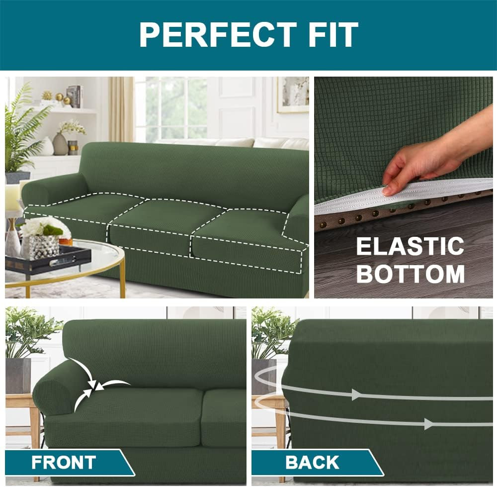 Stretch T Cushion Sofa Slipcovers Set – 4 Piece, Machine Washable, Bronze Green