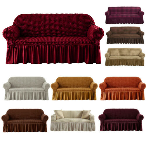 1/2/3/4 Seater 3D Bubble Stretch Sofa Couch Cover with Skirt Slipcover Protector