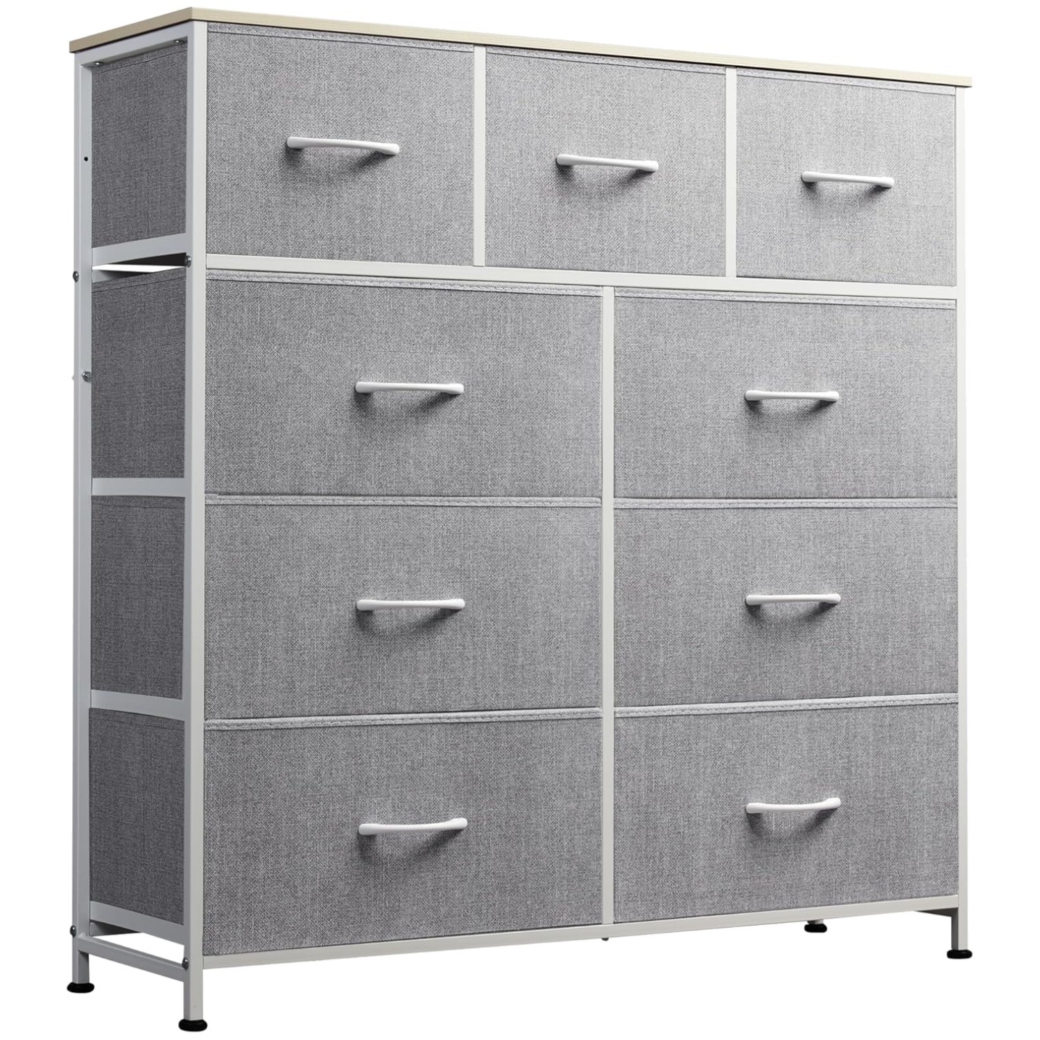 Bedroom Fabric Storage Tower, 9-Drawer Dresser, Light Grey