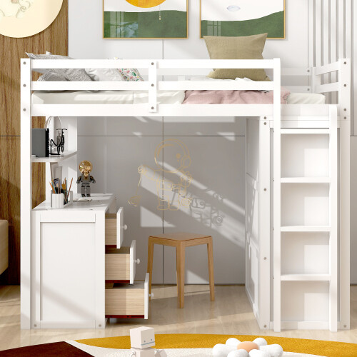 Solid Wood Loft Bed with Desk and Wardrobe Storage Cabinet Twin Size Bed Frames