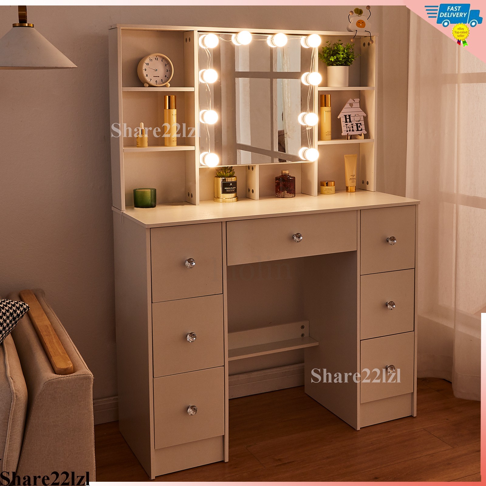 Vanity Table Set with Dimmable Lighted Mirror Makeup Dressing with 10 Led Bulbs