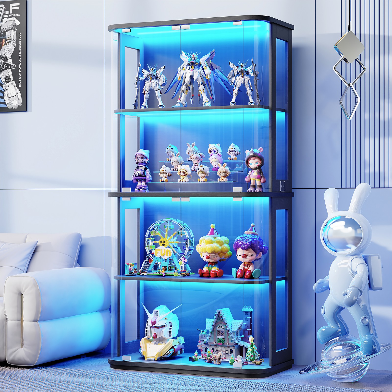4-Tier Transparent Rounded Display Cabinet with Glass Door & 3 Color LED Lights