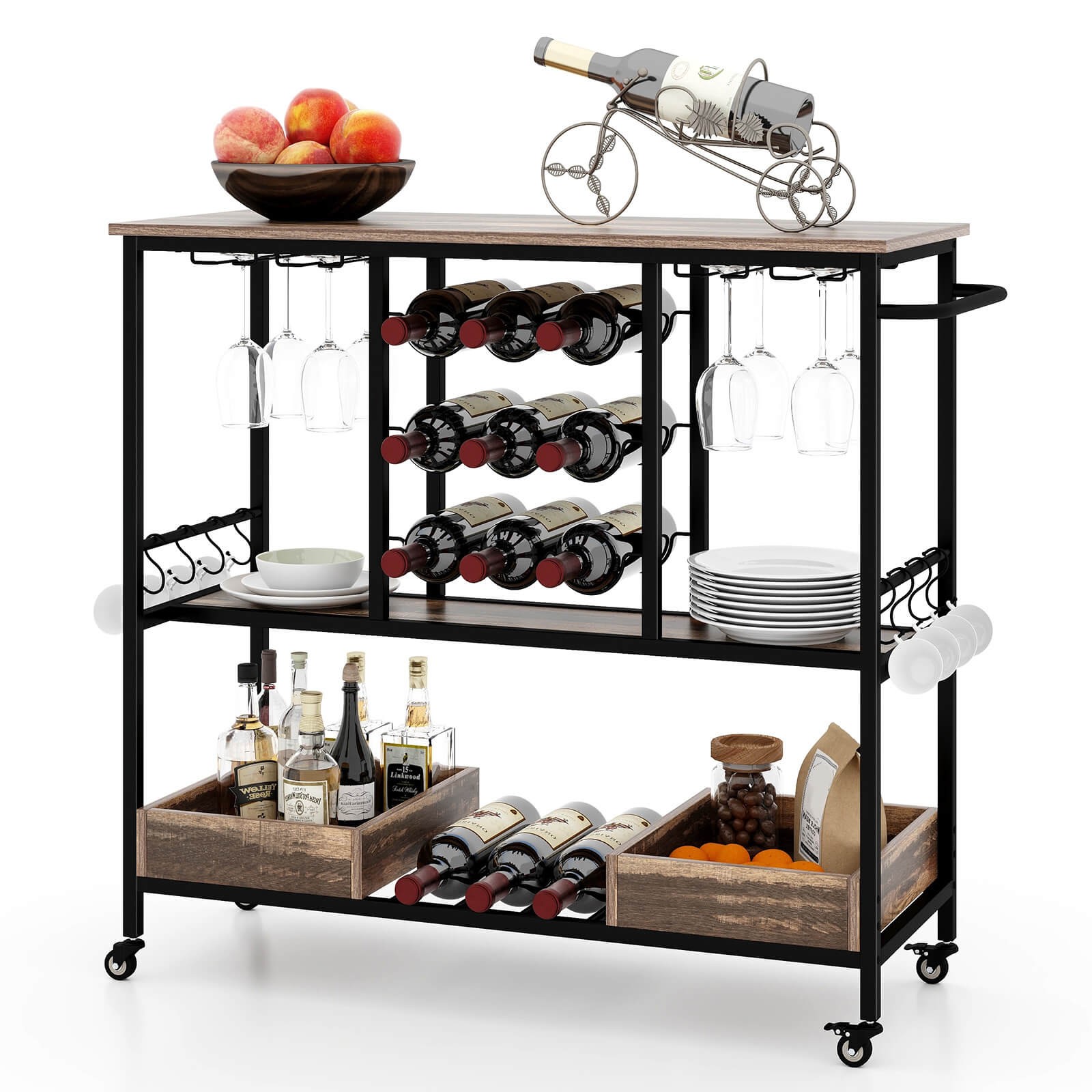 3 Tiers Bar Cart Home Serving Cart on Wheels with Glass Racks Wine Holders