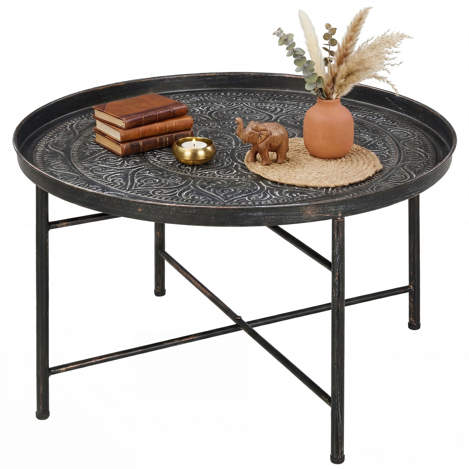 Coffee Table for Living Room, 24″ Round Center Table with Hammered Tray Top