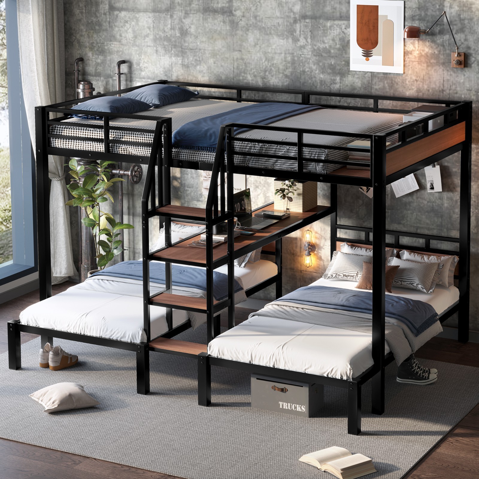 Twin/Queen over Twin over Twin Metal Bunk Bed Triple Bunk bed w/Storage Shelves